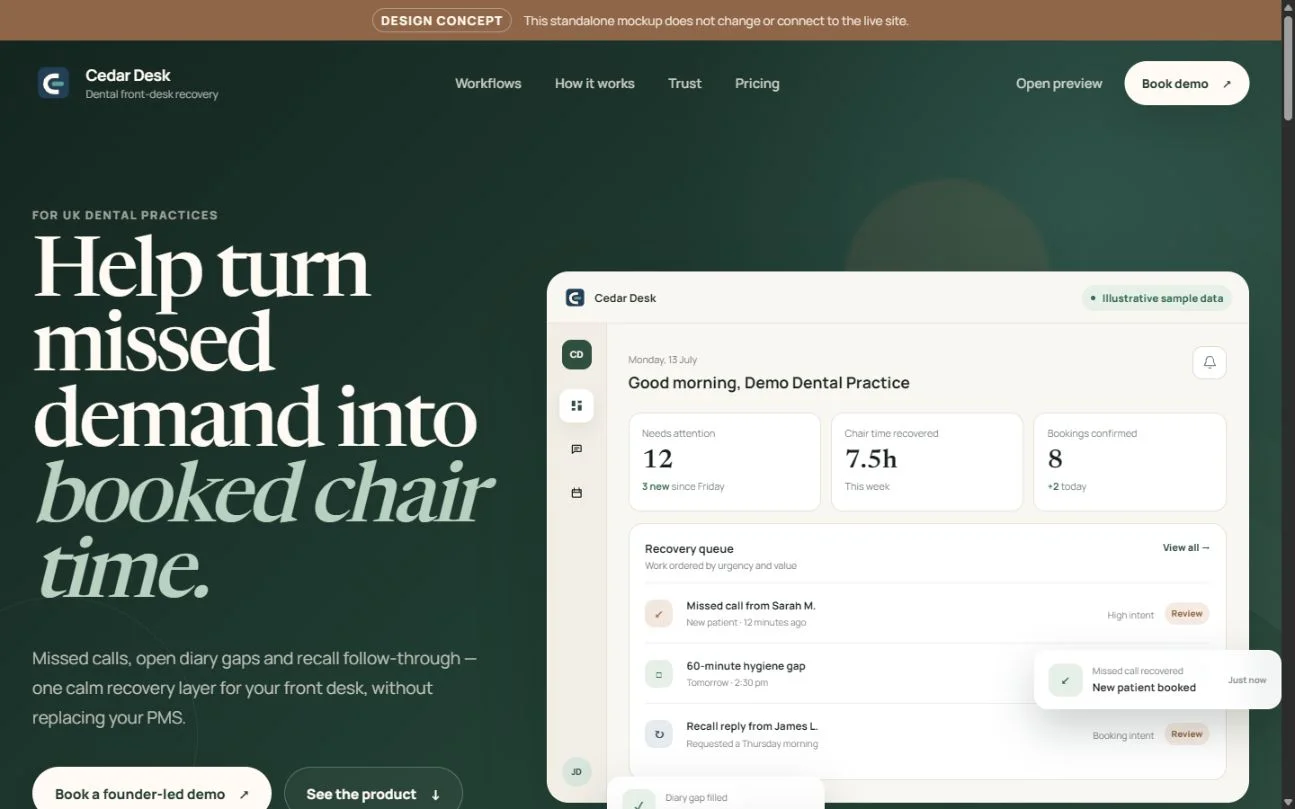 Cedar Desk marketing-page design with a forest-green hero, cream typography and clear navigation