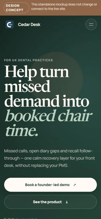 The Cedar Desk marketing-page mockup arranged for a narrow mobile screen