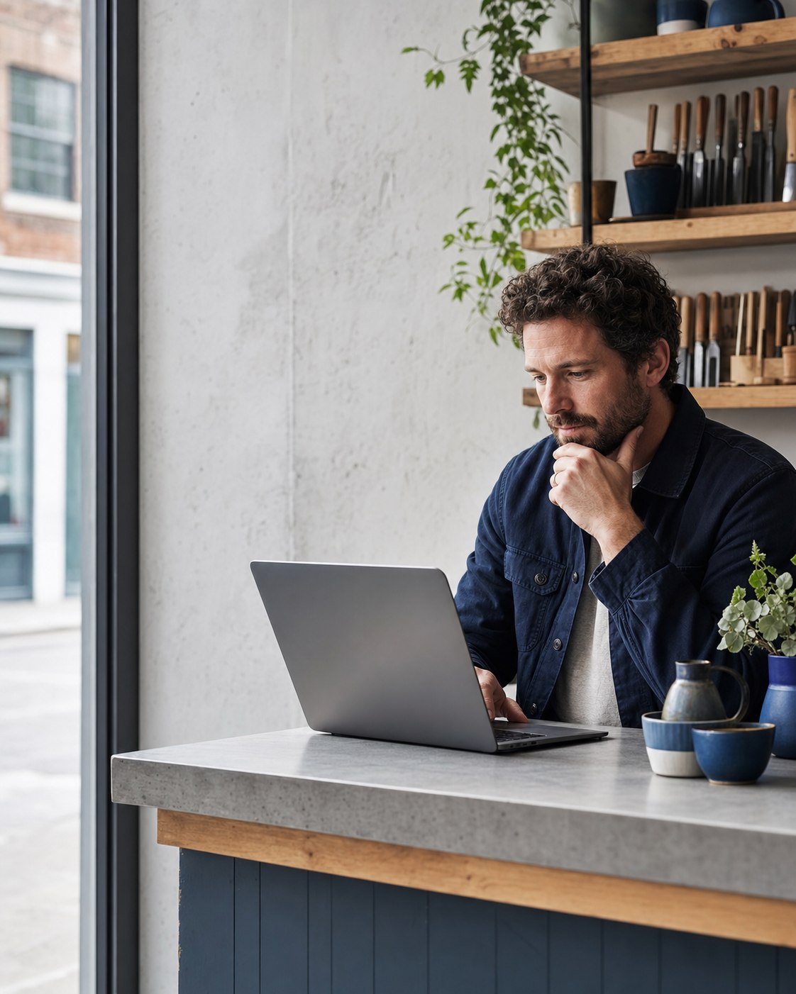 An independent business owner reviewing their website on a laptop